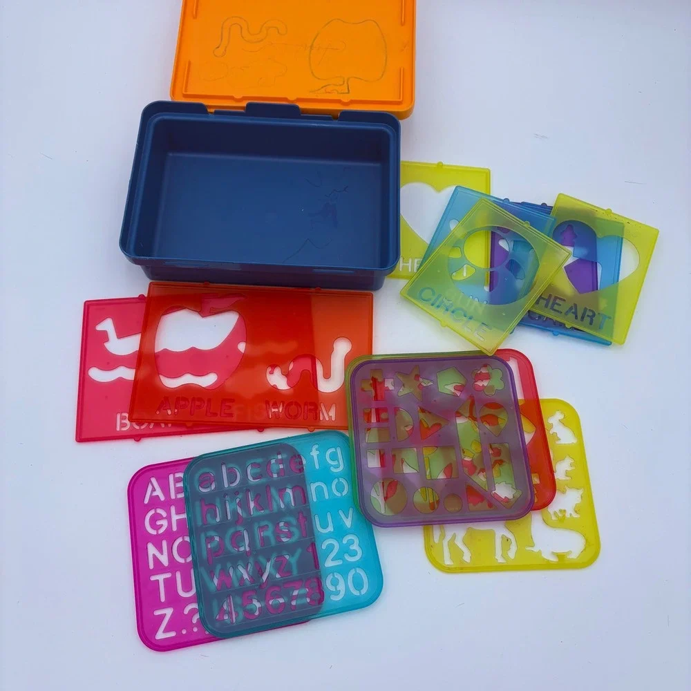Vtg Tuppertoys Stencil Art Set Blue Orange Case Alphabet‎ Numbers Animals 1987